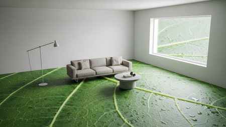 Space showing interior living space with a sofa and coffee table on a floor with a wet green...