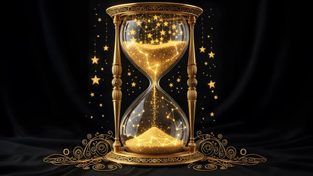 Hourglass showing golden hourglass filled with sparkling stars and constellations on black...