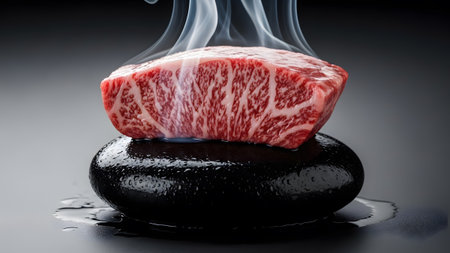 A raw, marbled cut of wagyu beef sits atop a dark, wet hot stone, with delicate tendrils of...の写真素材