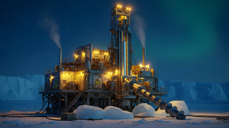 Stock showing industrial oil rig platform operating at night with aurora borealis in the sky....