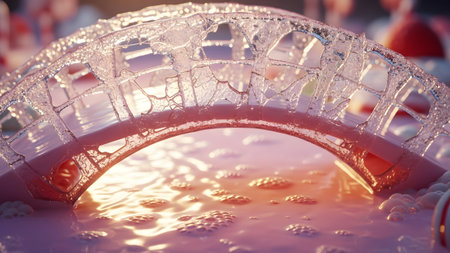 A detailed clear ice bridge arches over a pink liquid surface with small bubbles and soft,...