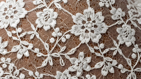 Lace showing intricate white floral lace fabric with delicate flower motifs on brown background....の写真素材