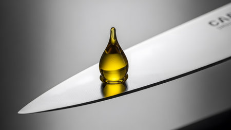 A golden, teardrop-shaped oil capsule sits on the sharp edge of a gleaming silver knife blade,...