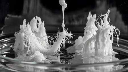 Intricate white abstract formations with dripping liquid are captured in a glass dish in monochrome.の写真素材