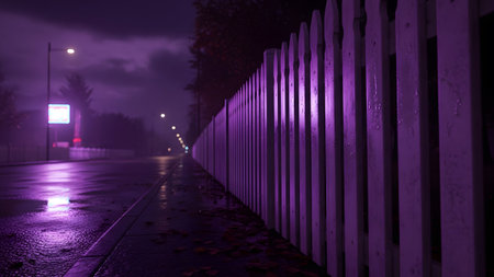 White showing long white picket fence along a wet street at night with purple neon light...の写真素材