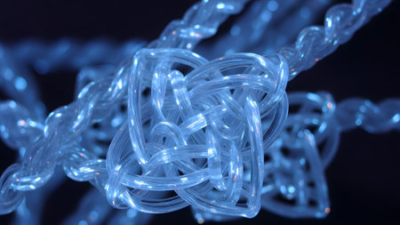 Close-up of glowing blue translucent braided strands forming an intricate knot against a dark...の写真素材