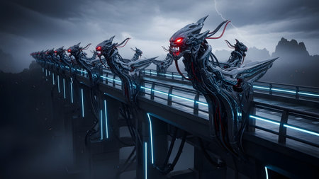 Mechanical dragon-like creatures with glowing red eyes adorn a futuristic bridge illuminated by...の写真素材