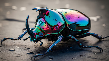 Dark showing iridescent rhinoceros beetle with water droplets on a dark textured surface.