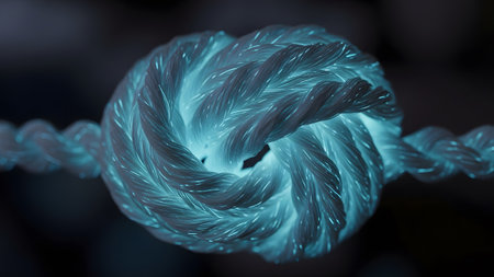 An intricate rope knot is illuminated with a cool, soft blue light, set against a dark, softly...