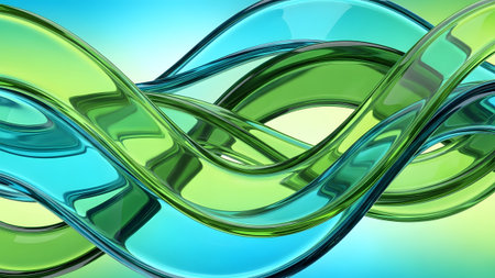 Waves showing intertwined abstract waves of glossy green and cyan glass with reflective surfaces...