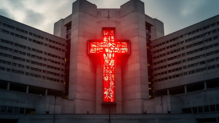 Stock showing large concrete building with a glowing red cross illuminated in the center.の写真素材
