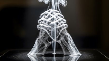 White showing intricate white smoke forming abstract shapes resembling clasped hands or a...