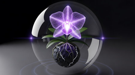 A luminous purple orchid with visible roots sits inside a clear sphere, illuminated by soft...