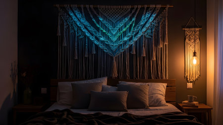 A macrame wall hanging glows with blue and green light above a bed, complemented by a warm...