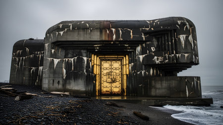 Bright showing large concrete bunker with a bright golden door on a dark beach with driftwood...
