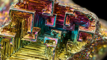 Close-up of a bismuth crystal showing vibrant rainbow colors and intricate geometric cubic...