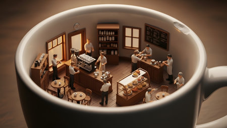 Detailed showing miniature diorama of a detailed coffee shop with display case of pastries and...の写真素材