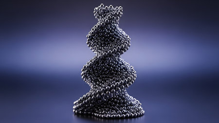 Metallic silver magnetic balls sculpted into a stacked hourglass shape on a dark blue reflective...