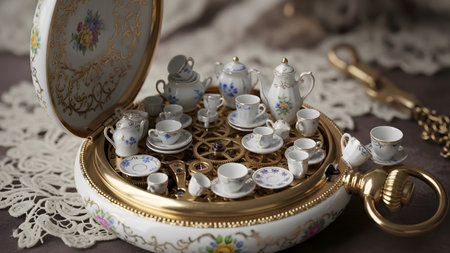 A detailed miniature porcelain tea set with blue floral patterns is meticulously arranged inside...