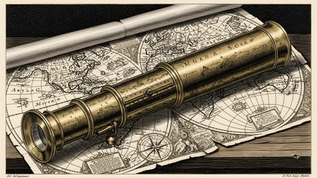An ornate brass telescope lies on a vintage map featuring a compass rose and detailed cartography.
