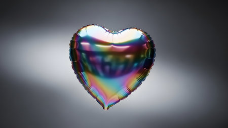 Heart showing iridescent heart shaped balloon reflecting rainbow colors on a soft gray...の写真素材