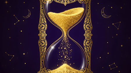Hourglass showing ornate golden hourglass with glittering sand and celestial constellations on...