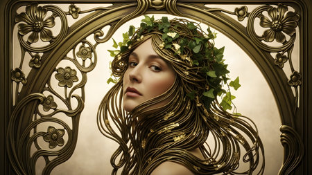 Nouveau showing nouveau portrait of a woman with flowing hair adorned with ivy and gold leaf...の写真素材