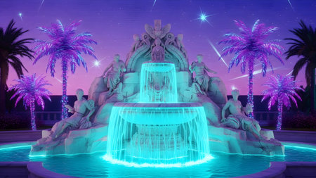 An ornate tiered fountain with glowing turquoise water and palm trees is set against a vibrant...の写真素材