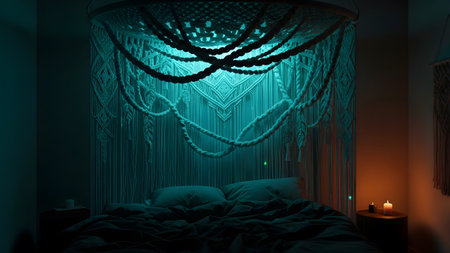 A macrame canopy over a bed is bathed in vibrant teal LED light, creating a mystical and serene...の写真素材