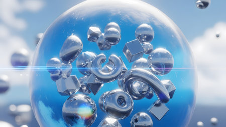 Metallic abstract shapes and spheres are suspended inside a clear glass bubble filled with blue...の写真素材