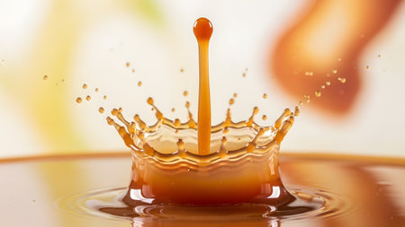 Stock showing orange liquid splash crown with a tall central drop and blurred background.の写真素材