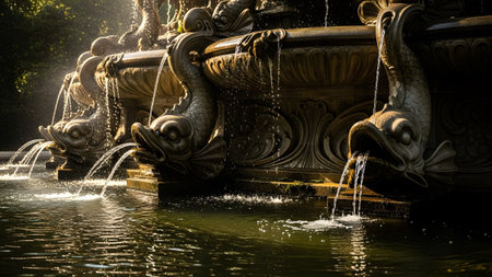Ornate stone fountain with dolphin spouts, water flowing into a dark pool, sunlight dappling the...の写真素材