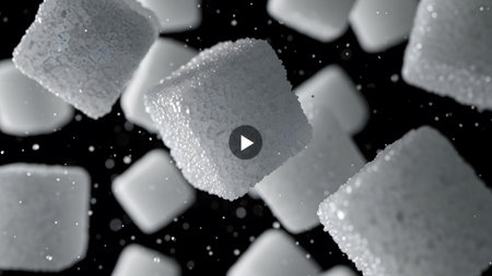 Many white sugar cubes are suspended and falling in a dark space with small scattered particles...の写真素材