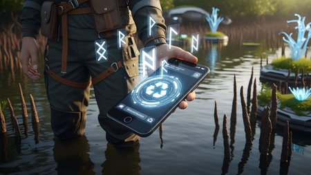 A person in tactical gear stands in water holding a smartphone with a glowing blue recycling...