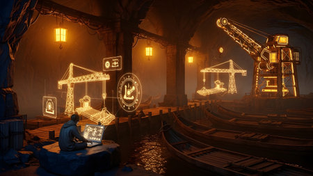 Laptop showing person using laptop with holographic construction cranes and boats in a cavernous...