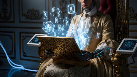 Gold historical gown, robotic arms, holding a patterned tablet with glowing blue holographic...
