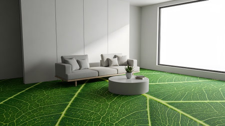 Grey showing modern living room with a large window and a unique green leaf patterned floor with...の写真素材