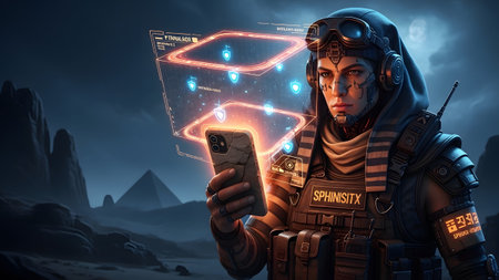 Holding showing person in tactical gear and goggles holding a smartphone with a holographic...