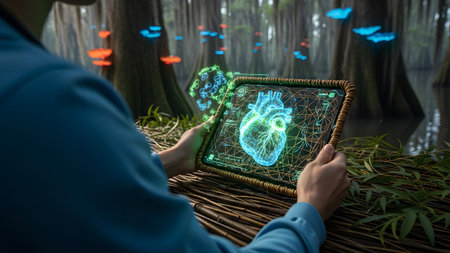 Hands hold a tablet displaying a neon blue holographic heart wireframe amidst an environment with...
