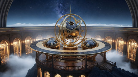 Stock showing ornate astronomical observatory with celestial globes and starry night sky.
