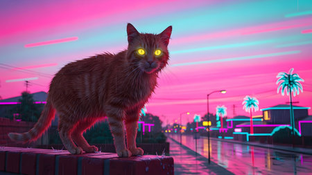 Stock showing orange tabby cat with glowing yellow eyes in a neon-lit city street at night with...の写真素材
