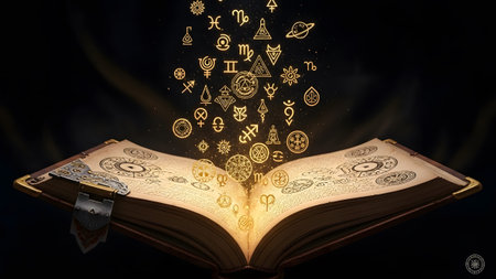 Stock showing open spellbook with golden esoteric symbols and zodiac signs emerging.