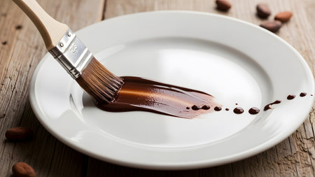 White showing paintbrush spreading melted chocolate on a white plate with cocoa beans scattered...の写真素材