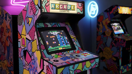 A neon-lit arcade center showcases multiple colorful retro arcade machines displaying pixelated...の写真素材