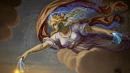 A classical figure from a painting is depicted with flowing fiber optic strands and digital...の写真素材