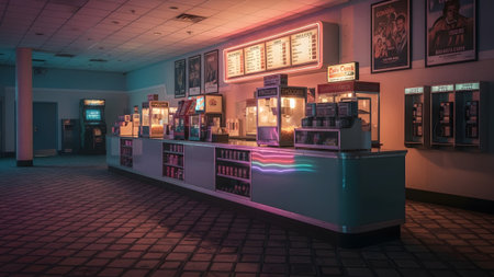 A retro cinema concession area with popcorn machines and colorful neon lights is shown in a...の写真素材