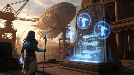 Blueprints showing steampunk egyptian figure interacting with holographic ship blueprints at...