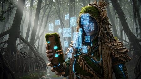 Smartphone showing person in tribal headdress and natural clothing holds a moss-covered...の写真素材