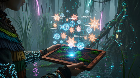 A person in colorful tribal clothing holds a tablet showing a holographic display of community...の写真素材