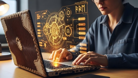 A person wearing glasses uses a laptop with a detailed golden holographic interface displaying...
